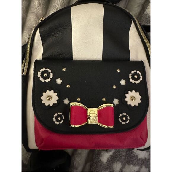 Betsey johnson pink black white stripe bow convertible backpack  minibag purse